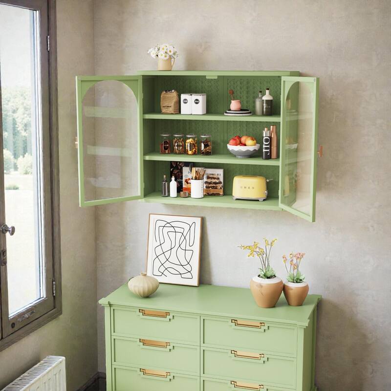 27.56" Modern Glass Door Wall Cabinet with Woven Pattern, 3-Tier Storage Iron and Tempered Glass Cabinet