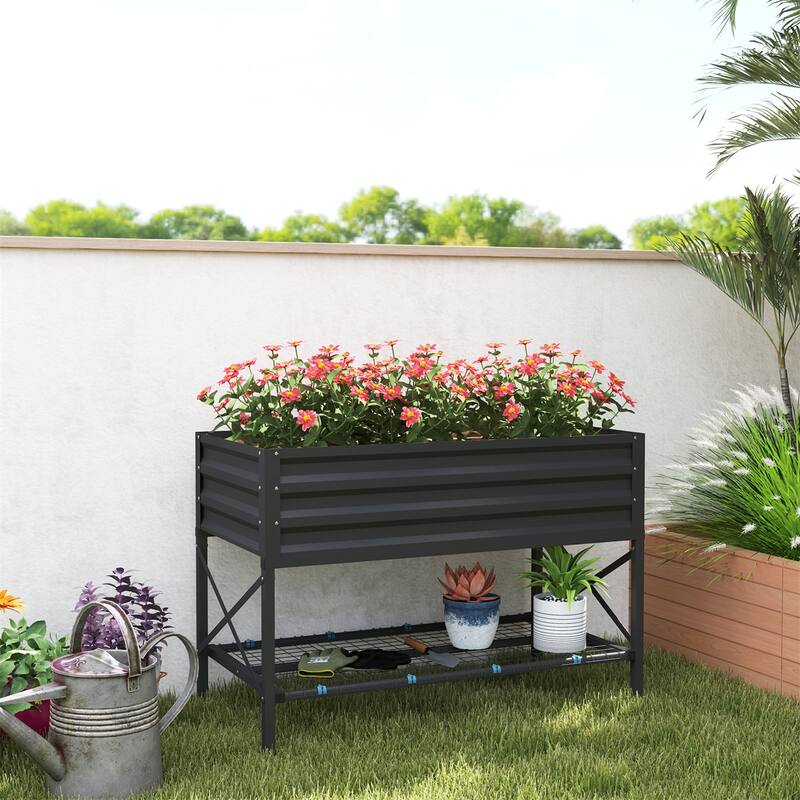 Galvanized Steel Elevated Raised Garden Planter with Storage Shelf - 41.75" L x 21.25" W x 30" H