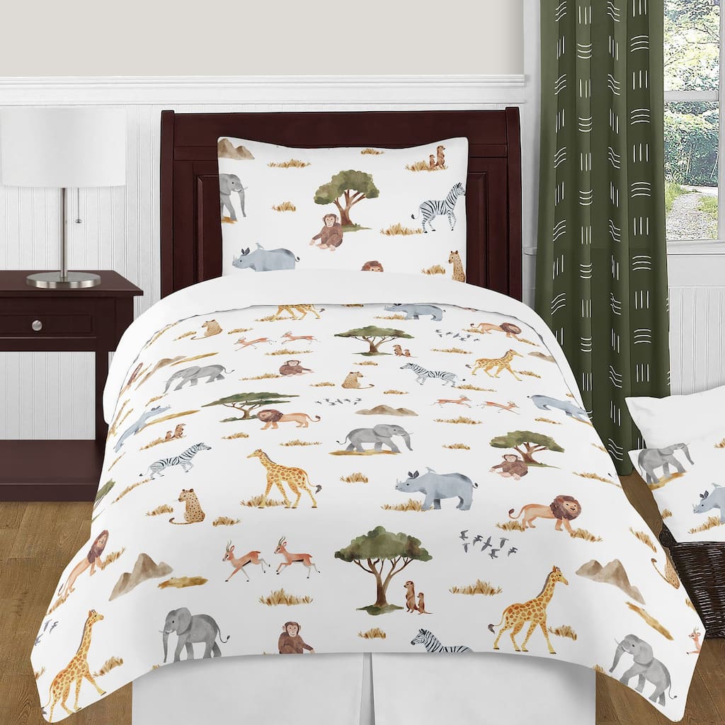 Jungle Animals 2pc Twin Comforter Set Hunter Green Yellow Grey Black and White Wildlife Safari Animal Elephant Giraffe Monkey