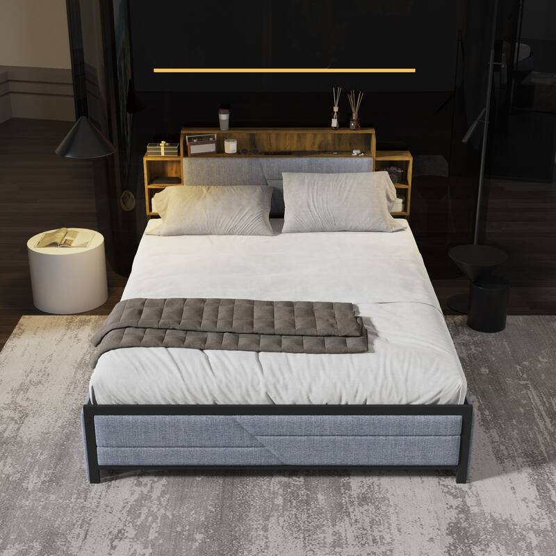 French Queen Size Bed Frame Platform with Brown/Black Storage Headboard & 4 Storage Drawers