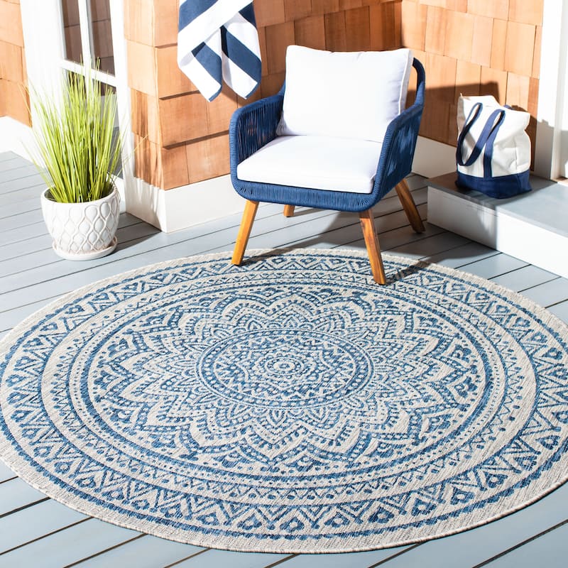 SAFAVIEH Courtyard Fran Mandala Indoor/ Outdoor Waterproof Patio Backyard Rug - 3' Round - Light Grey/Blue