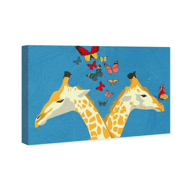 Wynwood Studio Canvas Animals Giraffes and Butterflies Blue and Modern & Contemporary Wall Art Canvas Print