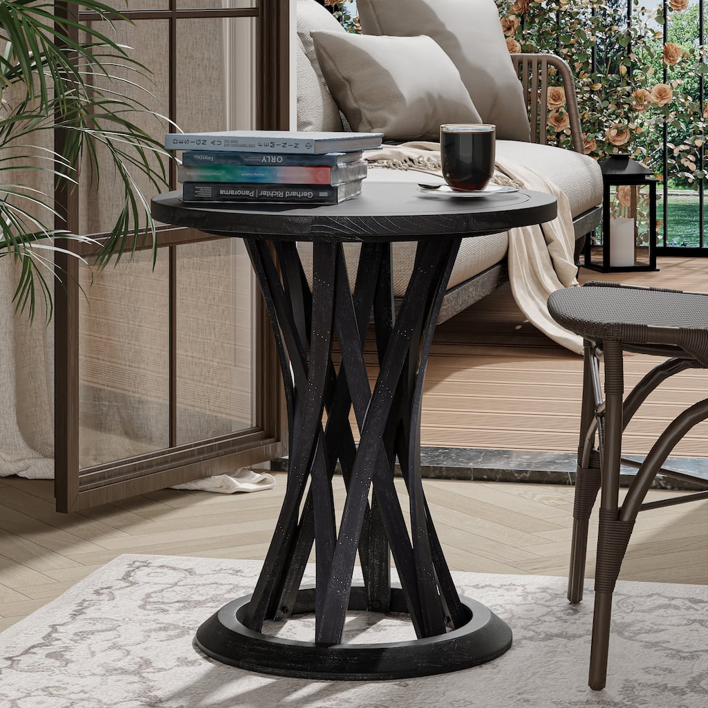 COZAYH Round Farmhouse End Table with Crisscross Pedestal Base, Distressed Finish Side Table Rustic Accent Table, Black