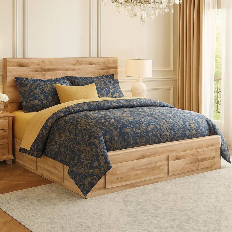Oma Queen Panel Bed, 2 Footboard and 2 Side Drawers, Brown Wood