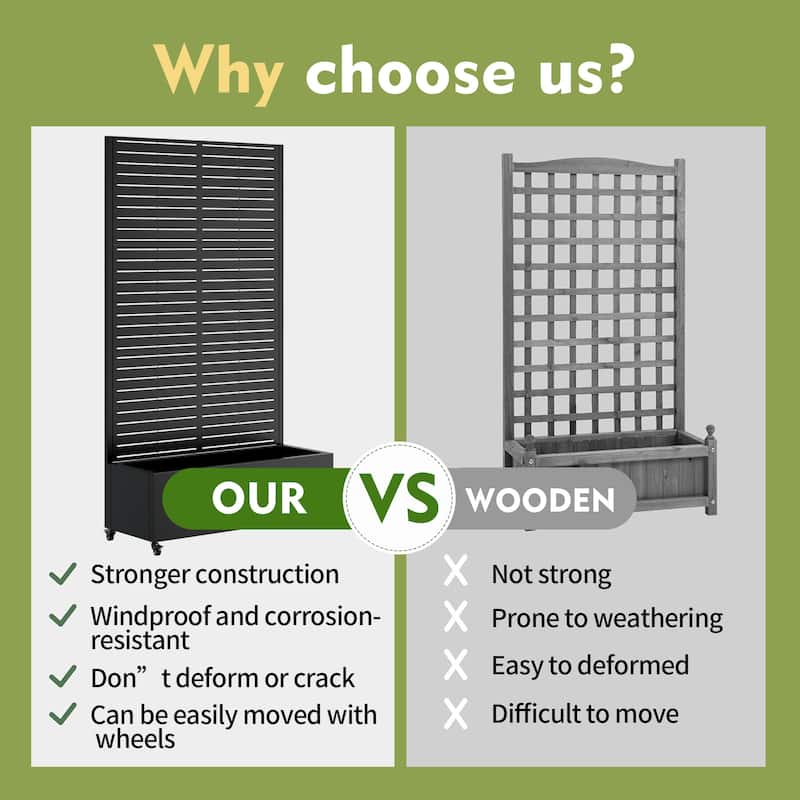 Anmytek Metal Planter Box with Trellis on Wheels Privacy Screen Vertical Garden Black Outdoor Indoor