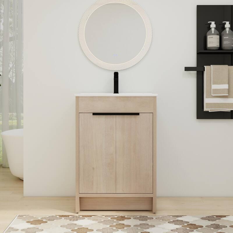 ARTCHIRLY 24/30/36 Inch Bathroom Vanity with Sink, Freestanding Bathroom Vanity with 2 Soft Close Doors and Adjustable Shelf - Plain Light Oak - 24''W