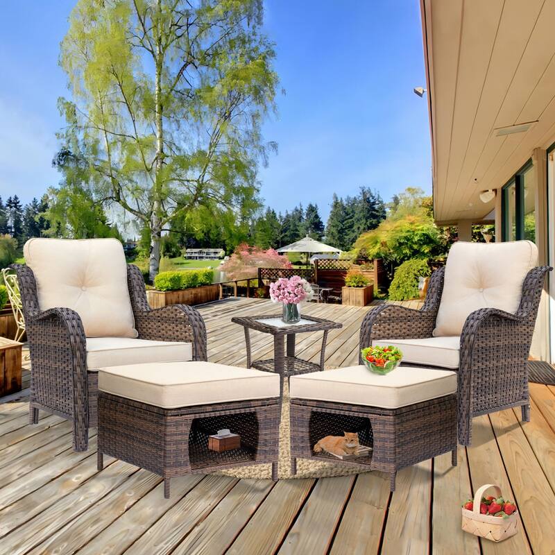 Brown Wicker Outdoor Patio Furniture Seating Sets with Beige Cushions - 5 Pieces - Beige
