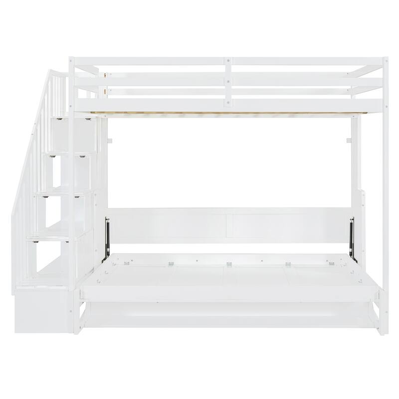 Full Over Full Versatile Wooden Murphy Bed with Storage Staircases & Desk, Space-Saving Foldable Wall Bed with Hydraulic Lift