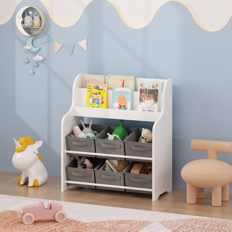 Anmytek Kids Bookshelf with 6 Fabric Storage Bins, Multi-Functional Children's Bookcase and Toy Organizer