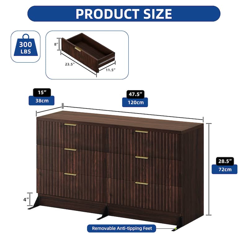 47" Wide Fluted 6 Drawers Dresser, Curved Profile Design Dresser
