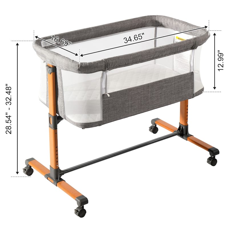 Grey 150D Encrypted Cationic Fabric Portable Baby Cradle with Iron Frame and Wheels - 92 x 55 x 85cm