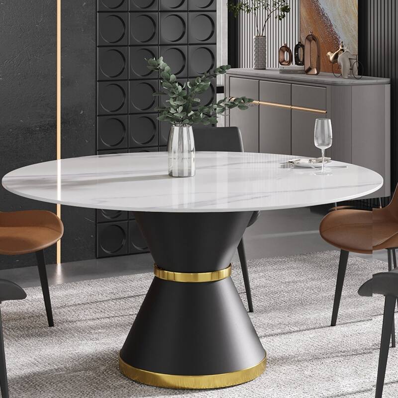 59.05 in. White Modern Round Sintered Stone Dining Table with Carbon Black Base - white&black