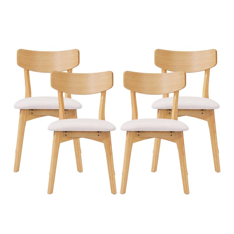 Mid-Century Walnut Finished Frame Upholstered Dining Chairs, Set of 4, Light beige+Natural