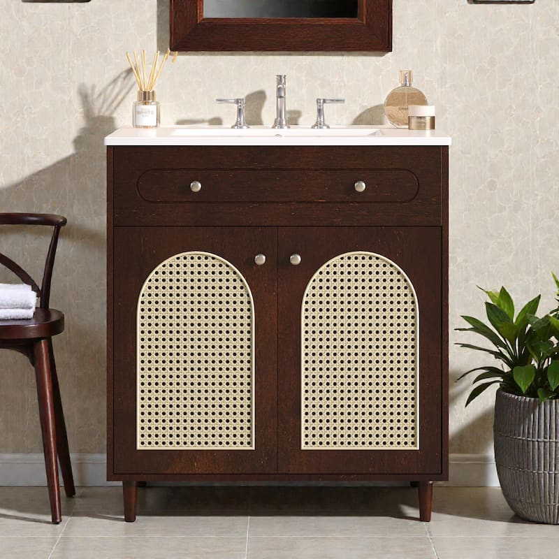 30 Inch Bathroom Vanity with Ceramic Sink, Solid Wood Frame Vanity Cabinet with Rattan Panels and Tip-Out Drawer