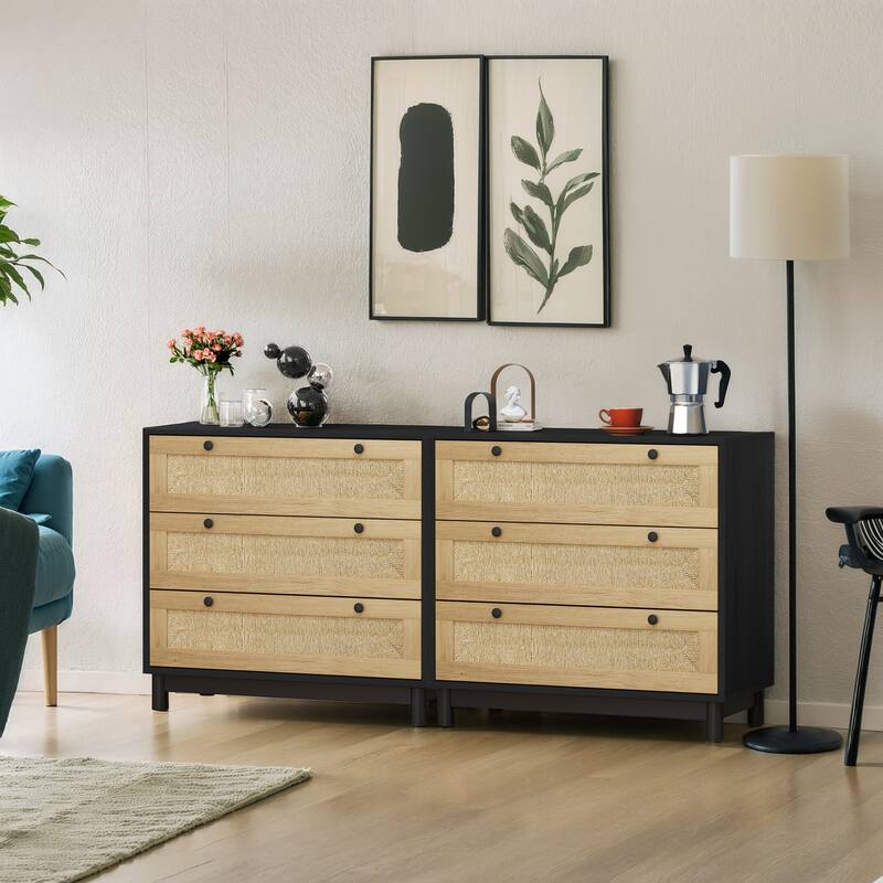 Rustic 3-Drawer Storage Cabinets with Rope Woven Drawers - Set of 2