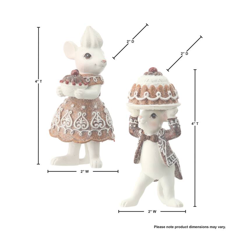 4" Resin Mouse Holding Gingerbread Cake Set of 2