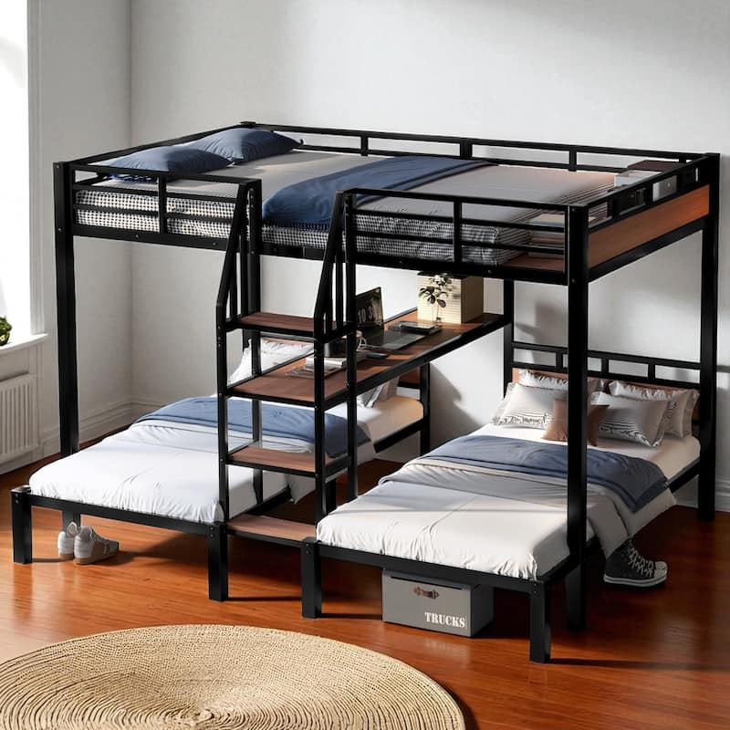 Twin/Queen over Twin over Twin Metal Triple Bunk Bed with Storage Shelves & Built-in Stairs, Black Heavy Duty Frame - Black - Queen