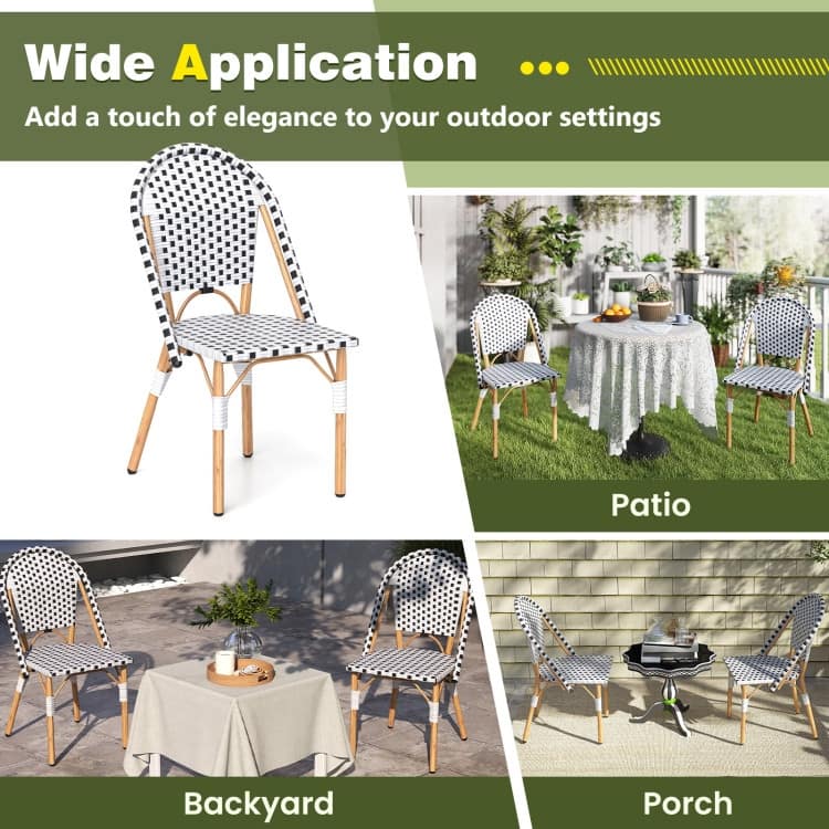 3 Piece Black-White PE Rattan Metal Patio Bistro Set with Ergonomic Chairs - Chair: 22” x 16” x 35”
