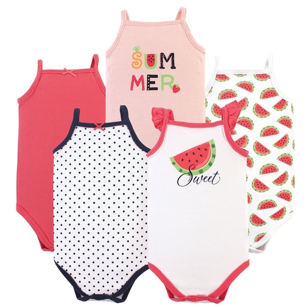 slide 1 of 1, Hudson Baby Infant Girl Cotton Sleeveless Bodysuits 5pk, Watermelon 0-3 Months - Watermelon
