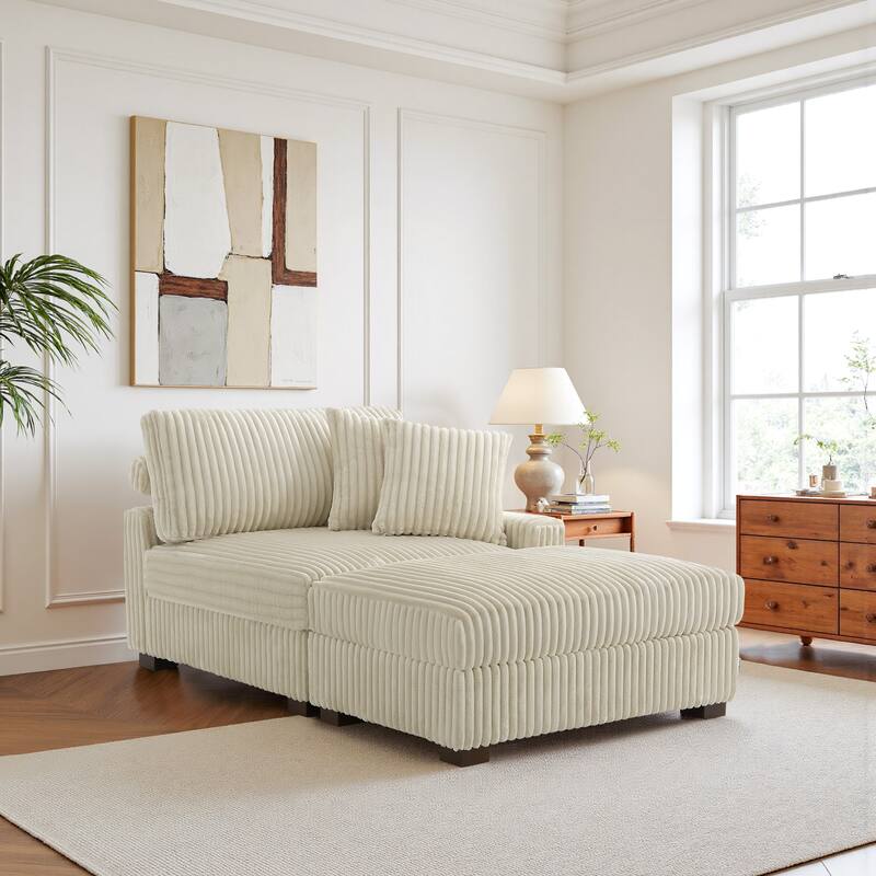 Modular Armchair and Ottoman Set with Adjustable Headrest, Flannel Upholstery - White - Right Facing