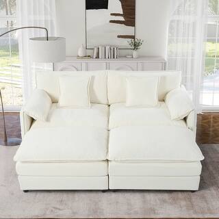 Chenille Loveseat Upholstered Deep Seat Sofa with 2 Movable Ottomans ...
