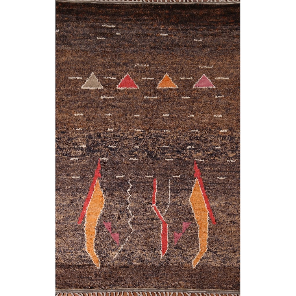 Brown Plush Moroccan Area Rug Hand-Knotted Wool Carpet - 5'10" x 9'6"