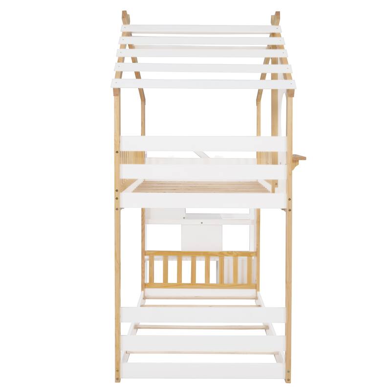 Twin-Over-Twin Bunk Bed with Stairs, House Design, Storage, and Guard Rail in Natural and White