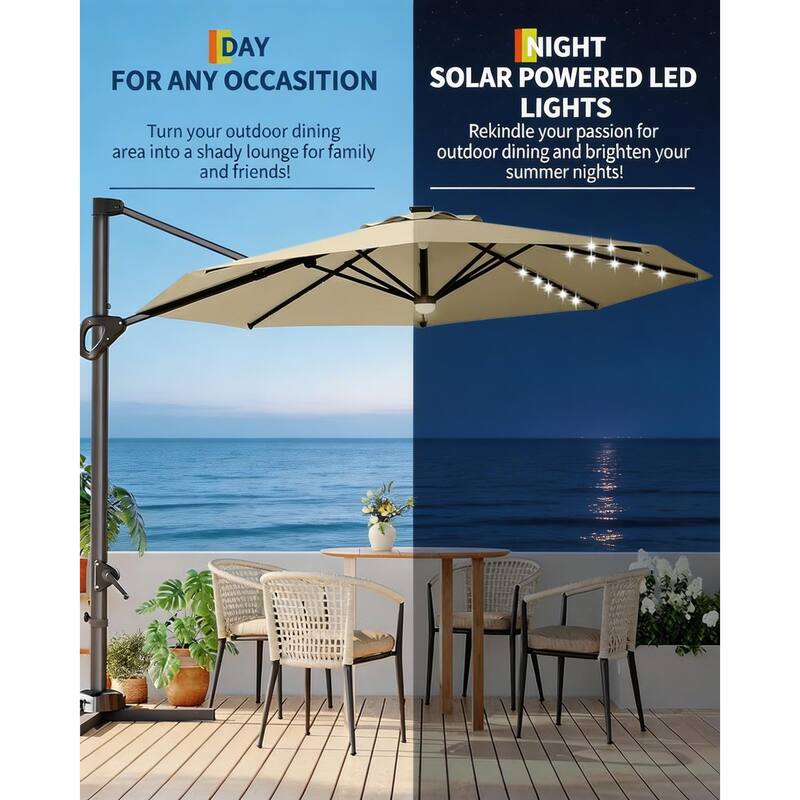 10FT Outdoor Cantilever Umbrella, 360-Degree Rotation, with LED