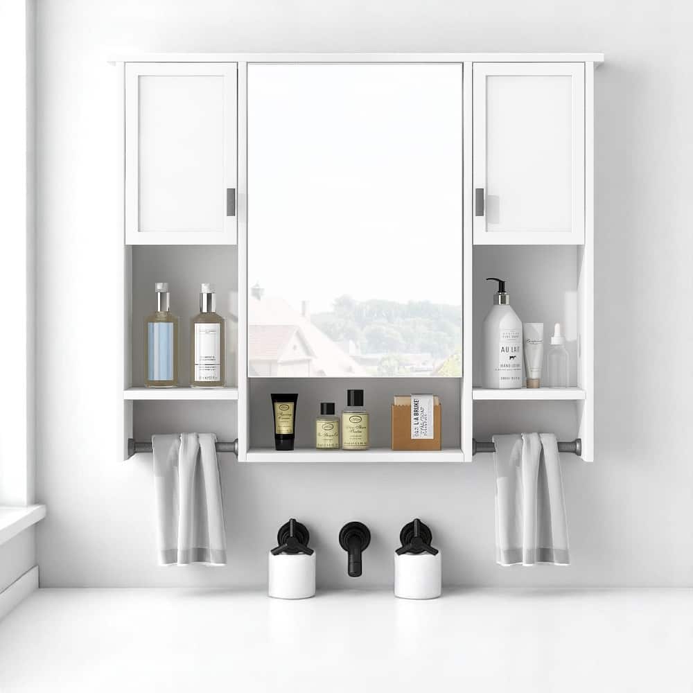 Modern 35" Bathroom Wall Cabinet with Mirror, Triple Doors, Hidden Storage and Towel Bar