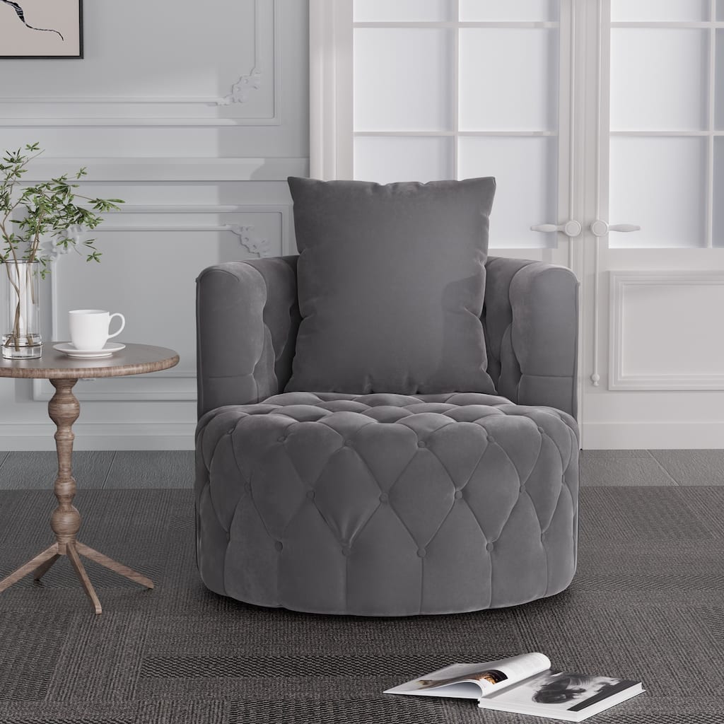 360-Degree Swivel Armchair, Modern Velvet Barrel Armchair with One Pillow, Oversized Round Accent Chair