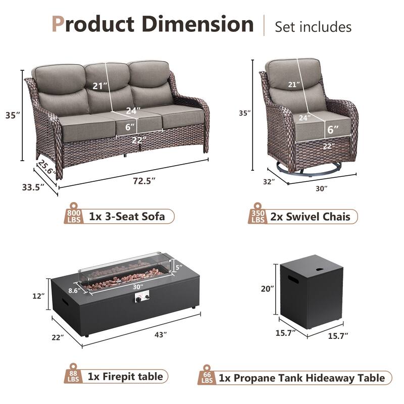 Pocassy 43 In Fire Pit w/ Outdoor Sofa Swivel Chair Ottoman Set