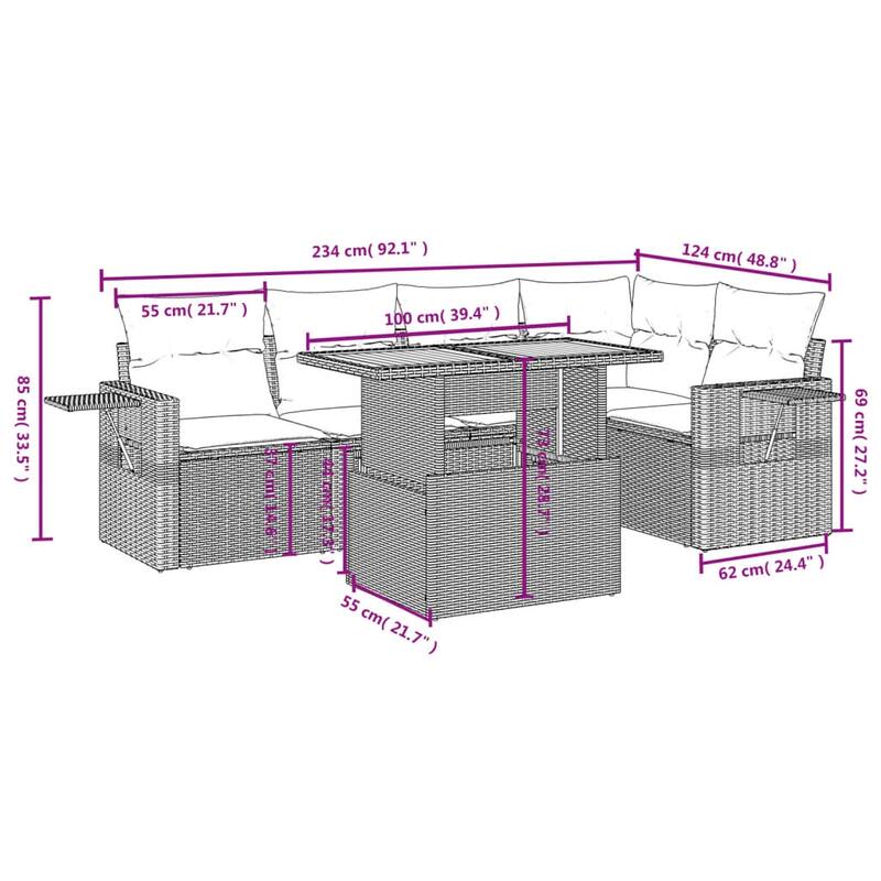 vidaXL Patio Sofa Set with Cushions Lounge Table and Sofas 6 Piece Poly Rattan - 21.7 x 39.4 x 28.7