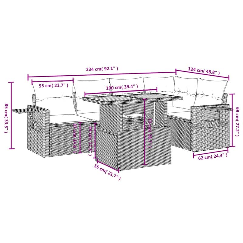 vidaXL Patio Sofa Set with Cushions Outdoor Furniture 6 Piece Poly Rattan - 24.4 x 24.4 x 27.2