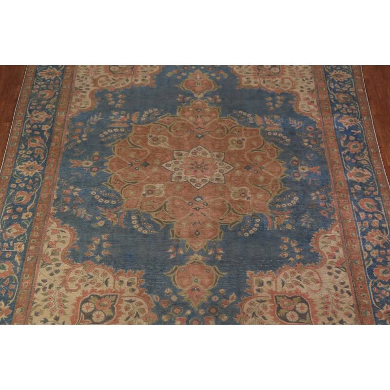 Floral Medallion Tabriz Persian Area Rug Blue Handmade Wool Carpet - 9'5"x 12'5"