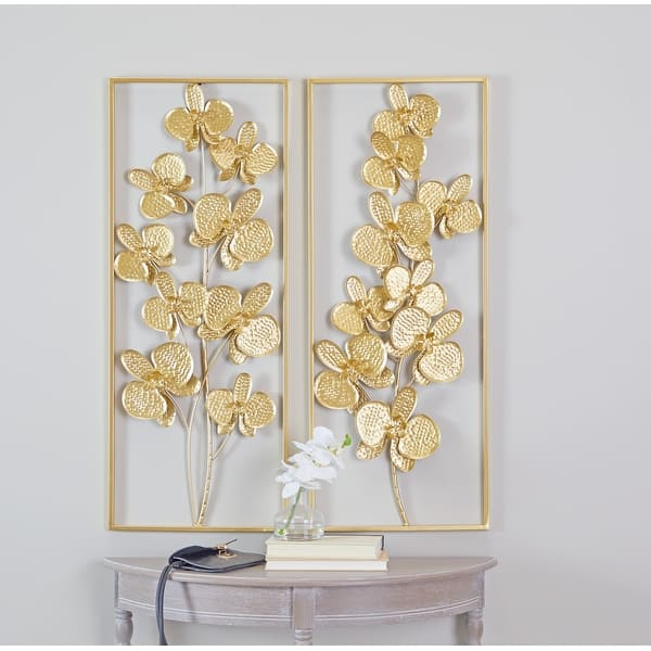 slide 2 of 6, CosmoLiving by Cosmopolitan Gold Metal Orchid Floral Home Wall Decor with Gold Frame (Set of 2) Gold
