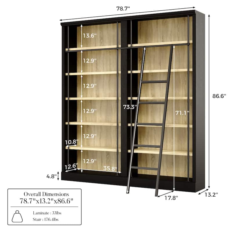 Large Ladder Bookshelf with Adjustable Rolling Ladder, Tall Library Bookcase Storage Display Unit