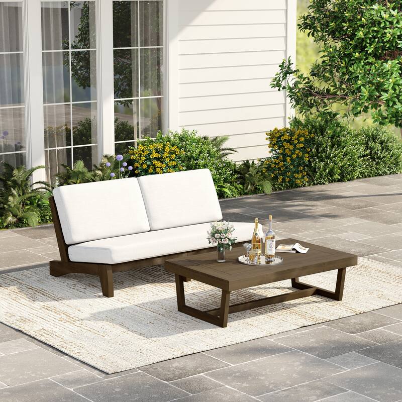 3 Seat Wood 64" W Cushioned Outdoor Patio Sofa with Coffee Table