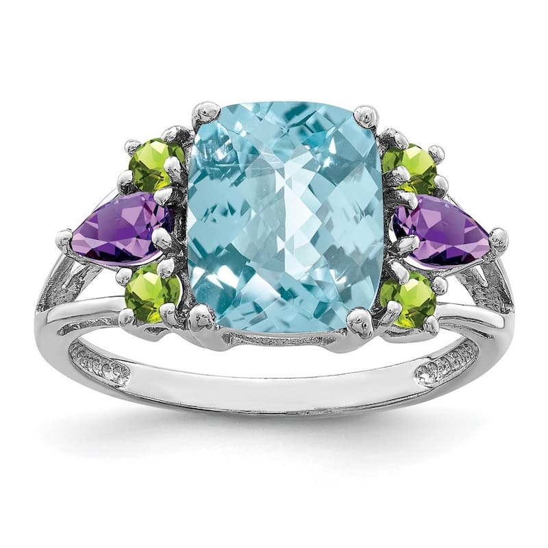 Curata 925 Sterling Silver Light Swiss Blue Topaz Amethyst and Peridot Ring