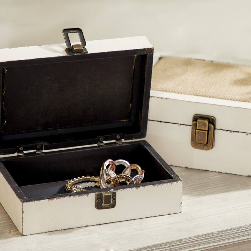 White Wooden Decorative Box with Hinged Lid (Set of 2)