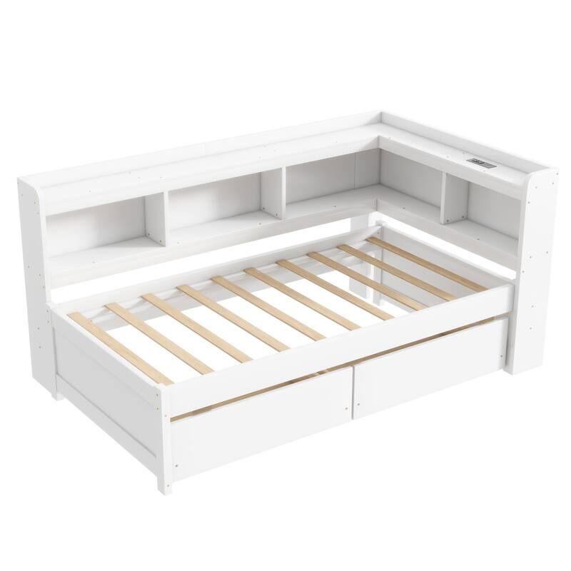 Bed with L-shaped Bookcases, Drawers