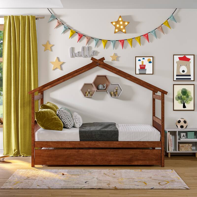 Twin/Full House Bed with Pull-Out Trundle, Solid Pine Wood Frame for Sleepovers