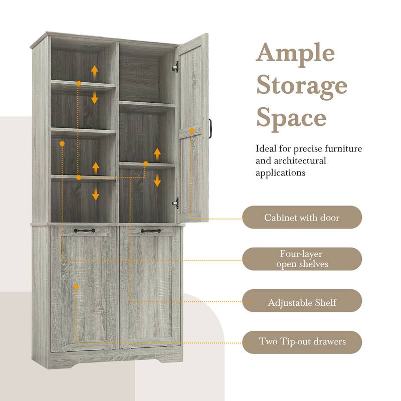 Bathroom Storage Cabinet with Doors and Drawers, Tilt-Out Laundry Hamper, Freestanding Style, Open Shelve, Adjustable Shelf