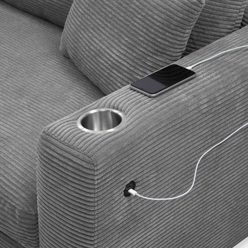 Spacious 4-Seater Corduroy Cloud Couch with Chaise, USB Charging Ports, and Cup Holders
