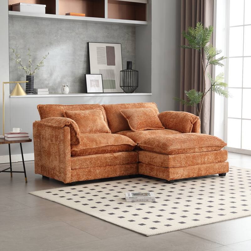 76'' Oversized Chenille Loveseat Sofa with Movable Ottoman Small Sofa for Apartment