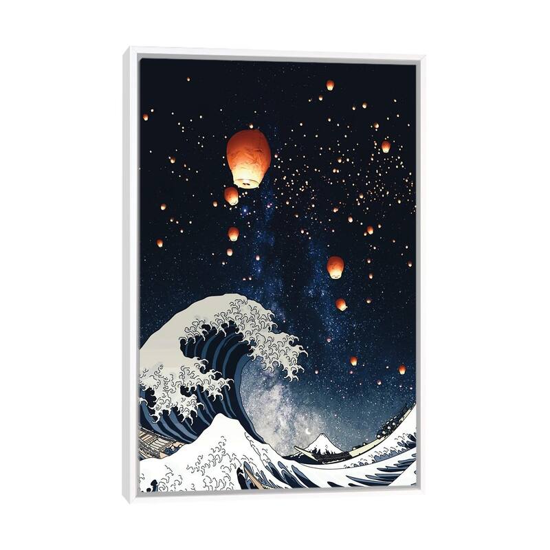 iCanvas "The Big Wave And Japanese Lanterns In Night Sky" by GEN Z Framed Canvas Print - White - 26x18