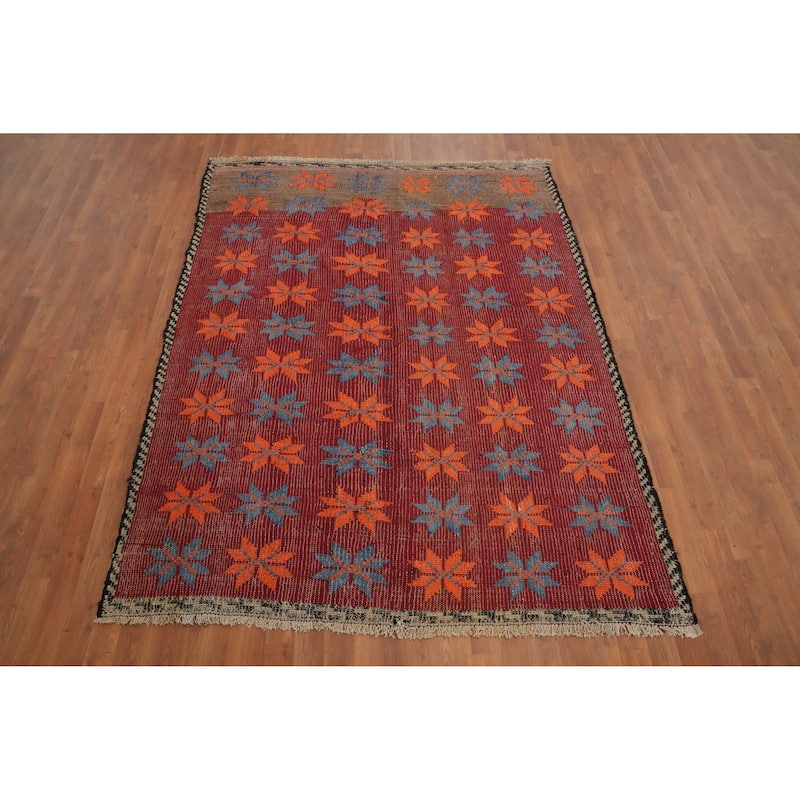 Hand Woven Oriental 100% Wool Carpet Southwestern Tribal Red Kilim Area Rug - 7' 5'' X 5' 8''