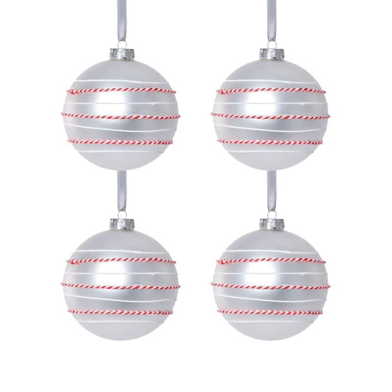 4-Piece Set Matte 4.75" Glass Ball Ornaments with White & Red Rope
