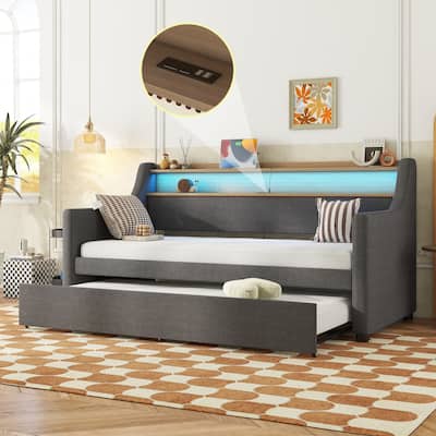 Twin Size Daybed with Trundle Bed, Upholstered Daybed with Charging Station and LED Lights for Apartment, Living Room & Bedroom