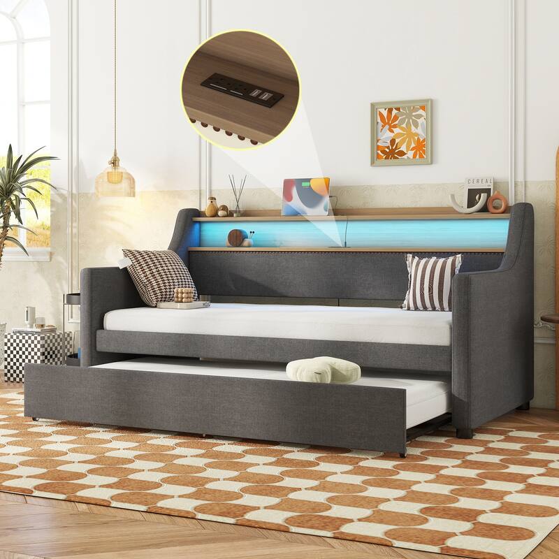 Twin Size Daybed with Trundle Bed, Upholstered Daybed with Charging Station and LED Lights