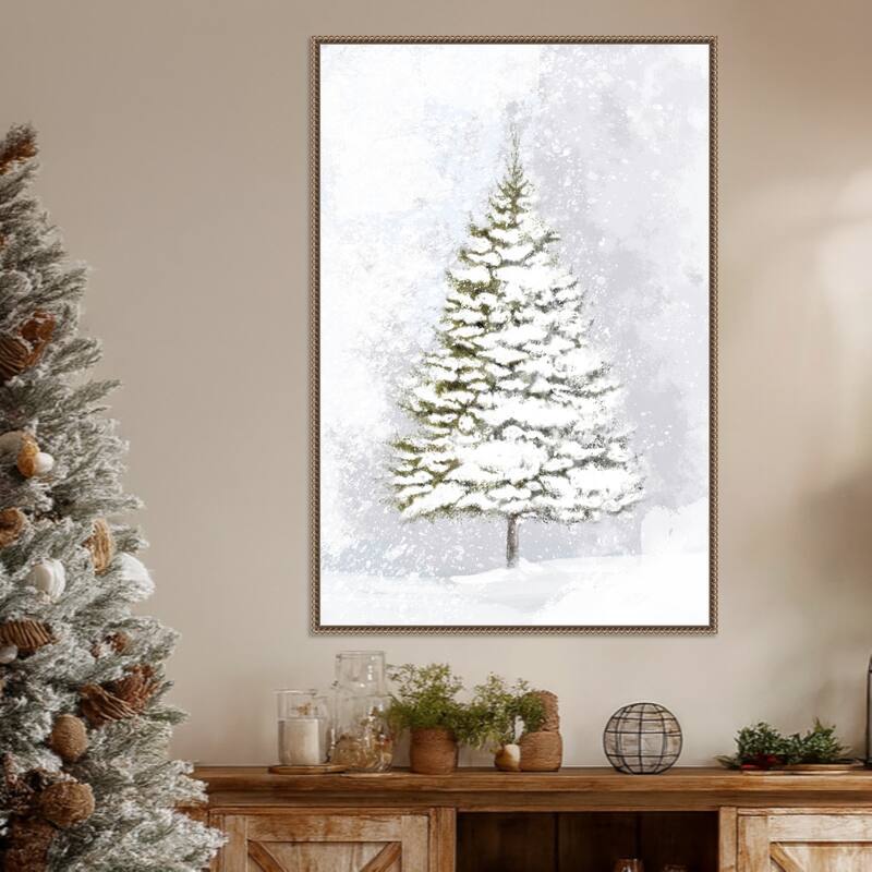 Lone fir in the snow by Rosana Laiz Blursbyai Framed Canvas Wall Art Print - Sylvie Beaded Dark Gold